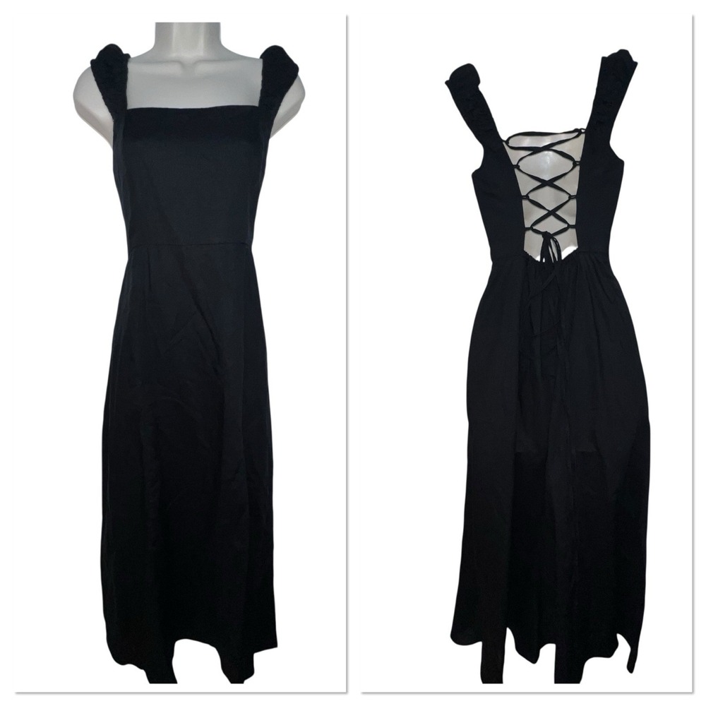 Zara Black Sleeveless Midi Dress Womens Size Small Linen Blend‎ Tie Back Goth